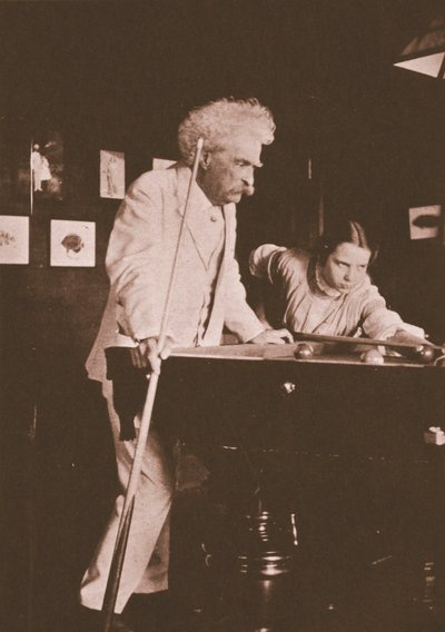 Mark Twain playing pool with the daughter of his biographer Albert Bigelow Paine by Albert Bigelow Paine